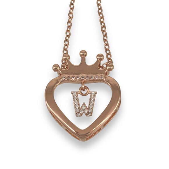 Sterling Silver Pink Tone Cubic Zirconia Princess Heart "W" Necklace 16"-18" - Picture 1 of 4